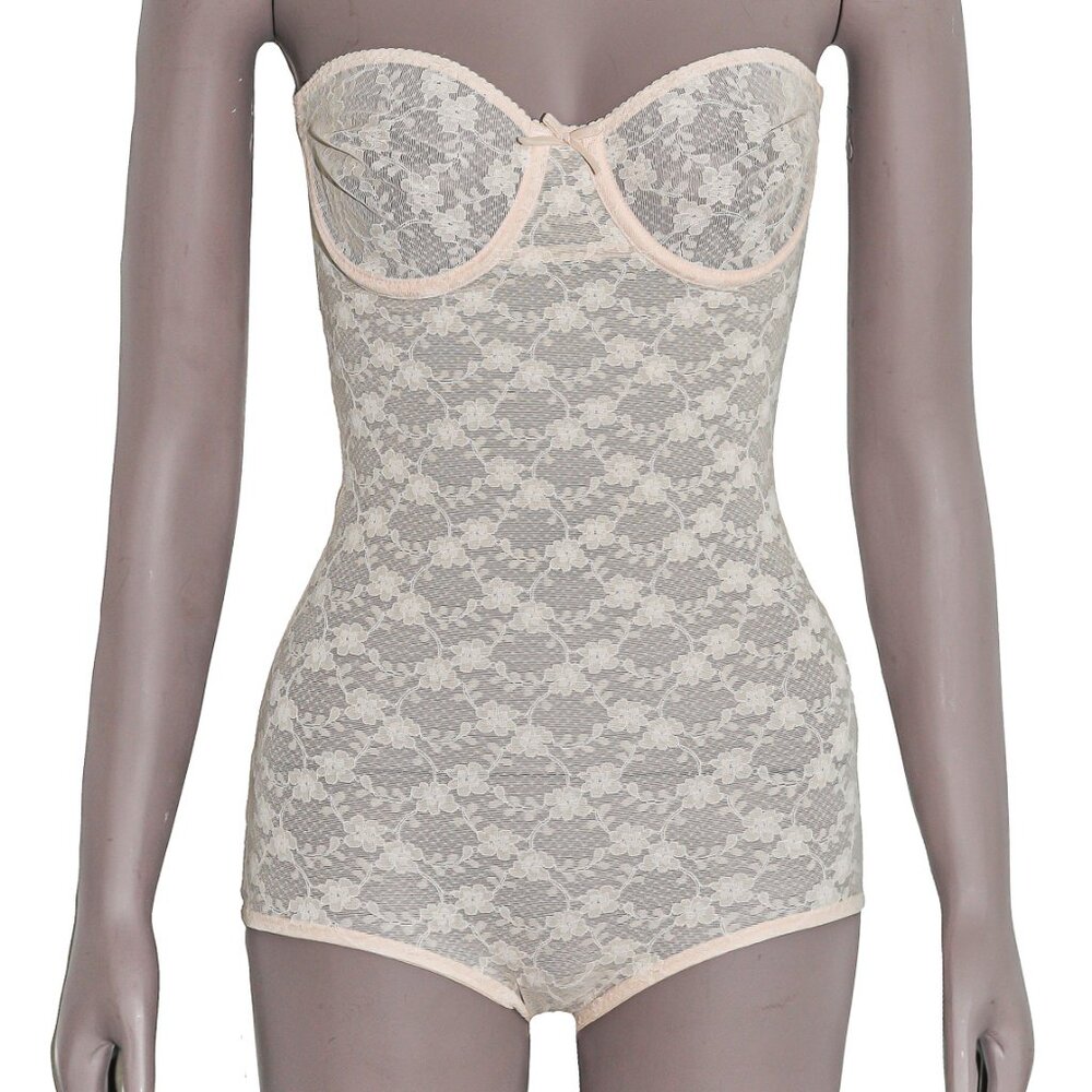 Vintage Nude Sheer Lace Strapless Shape Wear Bodysuit XS - Small 34B (Full B)